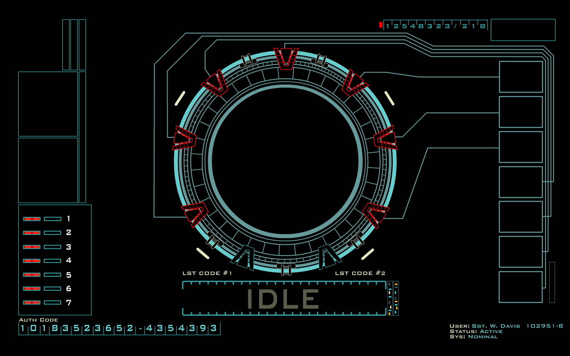 HD PC desktop wallpaper from the TV show Stargate SG-1: schematic Stargate dialing ring HUD with concentric blue circuitry, red chevrons and IDLE status on a black background.