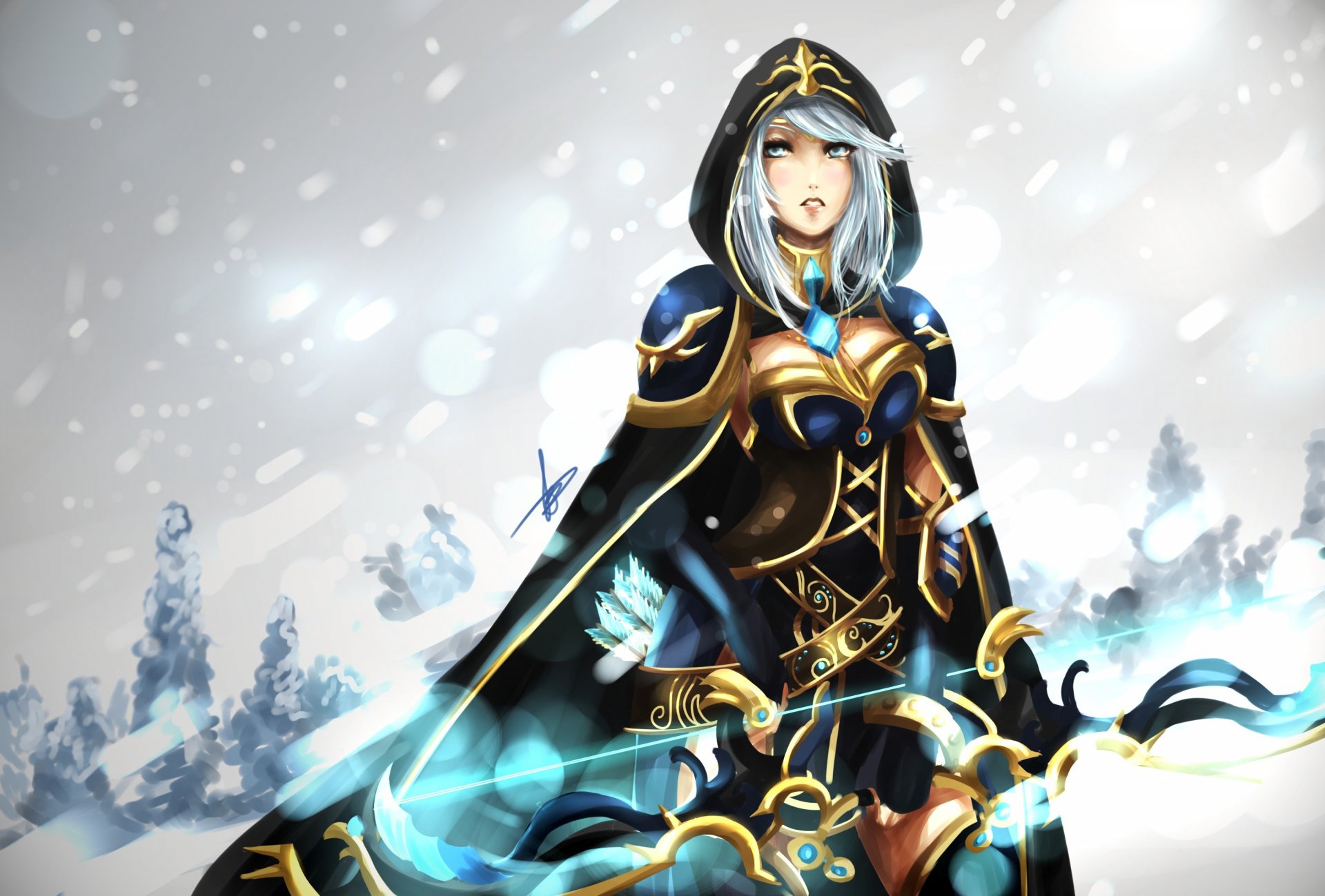 HD PC desktop wallpaper featuring Ashe from League of Legends in detailed armor, set against a snowy, mystical background from the video game.