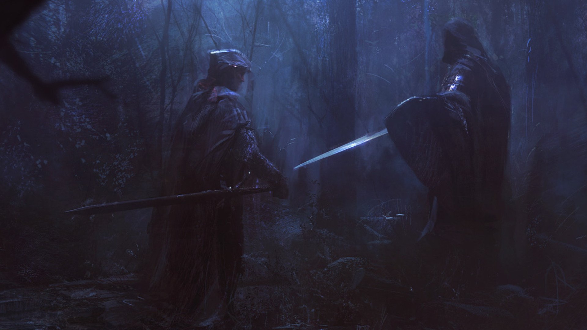 A fantasy warrior stands poised for battle in a shadowy forest, wielding a sword against an armored foe, creating an intense atmosphere for a captivating HD desktop wallpaper.