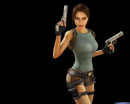 Lara Croft stands confidently with dual pistols, showcasing her adventurous spirit from the iconic video game series Tomb Raider in this HD desktop wallpaper.