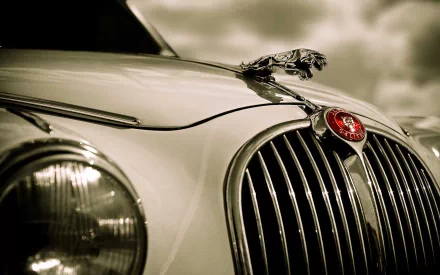 Close-up of a classic Jaguar S-Type front grille and hood ornament, captured in a stylized HD PC desktop wallpaper showcasing vintage automotive elegance.