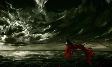 Dark fantasy HD desktop wallpaper depicting a woman in flowing red and black attire standing by a stormy sea under a dramatic, cloud-filled night sky.
