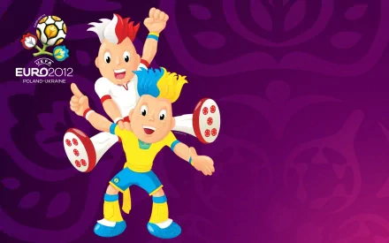 HD PC desktop wallpaper featuring UEFA Euro 2012 sports mascots with vibrant colors and the official tournament logo on a purple background.