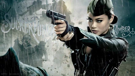 Jamie Chung as Amber from the movie Sucker Punch, poised in a dramatic moment with a gun, set against a dark, atmospheric background featuring elements from the film.