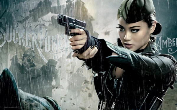 Jamie Chung as Amber from the movie Sucker Punch, poised in a dramatic moment with a gun, set against a dark, atmospheric background featuring elements from the film.