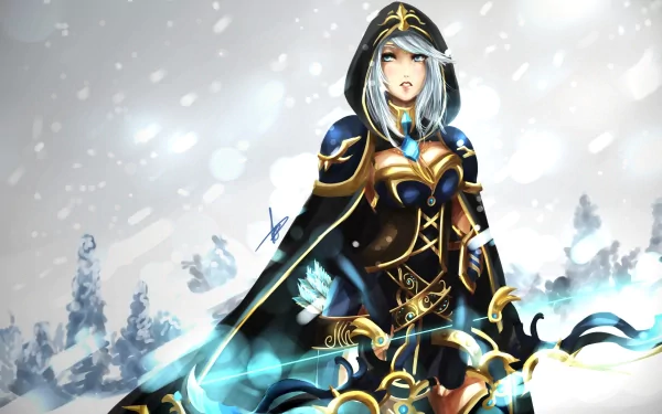 HD PC desktop wallpaper featuring Ashe from League of Legends in detailed armor, set against a snowy, mystical background from the video game.
