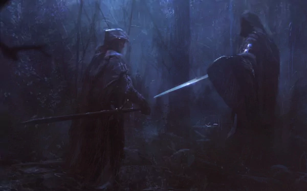 A fantasy warrior stands poised for battle in a shadowy forest, wielding a sword against an armored foe, creating an intense atmosphere for a captivating HD desktop wallpaper.