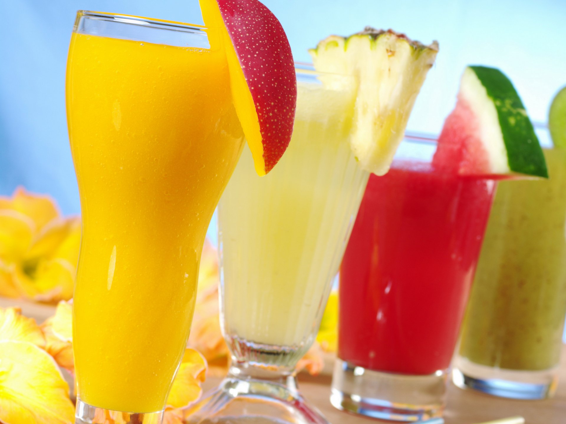 Vibrant pastel cocktails garnished with fresh fruit, captured in sharp 4K Ultra HD as a vivid PC desktop wallpaper and background.