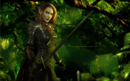A fierce woman warrior stands in a lush, green forest, clad in armor and wielding a sword. This captivating fantasy scene serves as a stunning HD desktop wallpaper.