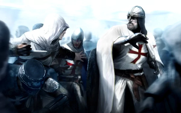 HD desktop wallpaper featuring a dramatic scene from Assassin's Creed, showcasing a cloaked assassin confronting templar knights in a battle setting.