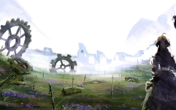 A serene HD wallpaper featuring Saber from the Fate Series, set in a misty landscape with large gears and distant ruins, inspired by Fate/Stay Night: Unlimited Blade Works.