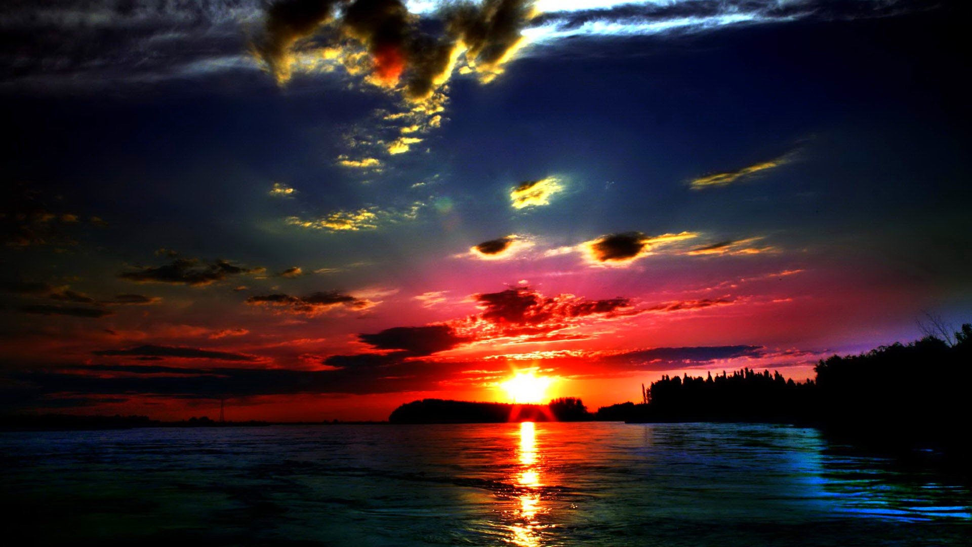 Download Sun Tree Water Cloud Sky Nature Sunset HD Wallpaper