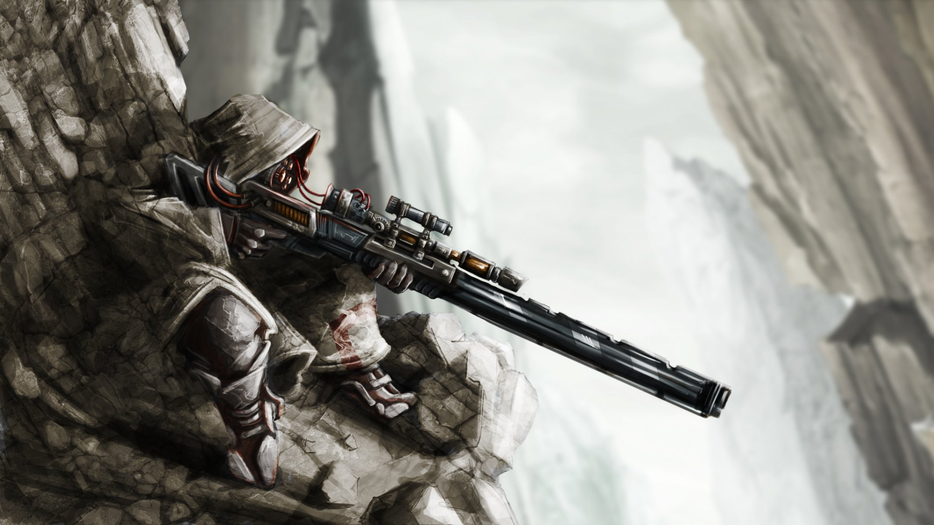HD desktop wallpaper featuring a Sci-Fi warrior sniper perched on a rocky mountain, aiming a futuristic sniper rifle. The background showcases a misty, rugged mountainous terrain.