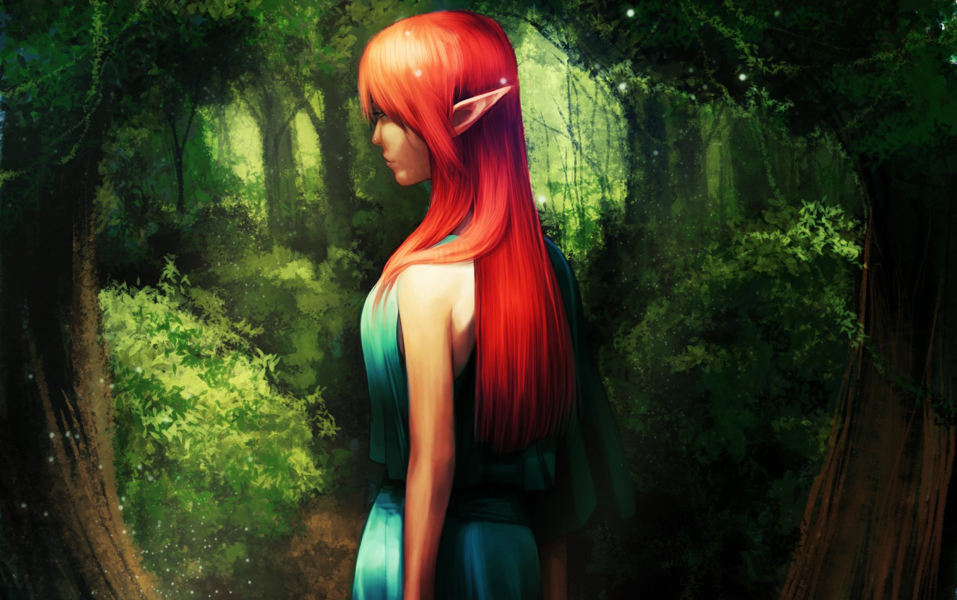 A mystical elf with long red hair stands in a lush forest, surrounded by vibrant greenery, creating an enchanting fantasy atmosphere. This HD wallpaper adds a touch of magic to any desktop.