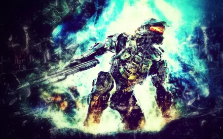 A striking HD PC desktop wallpaper featuring a character from the Halo video game series, showcasing dynamic colors and an intense action pose.