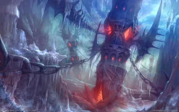 HD PC desktop wallpaper featuring a dark, fantasy tower with glowing red accents from the video game AION, set in a misty, icy landscape.