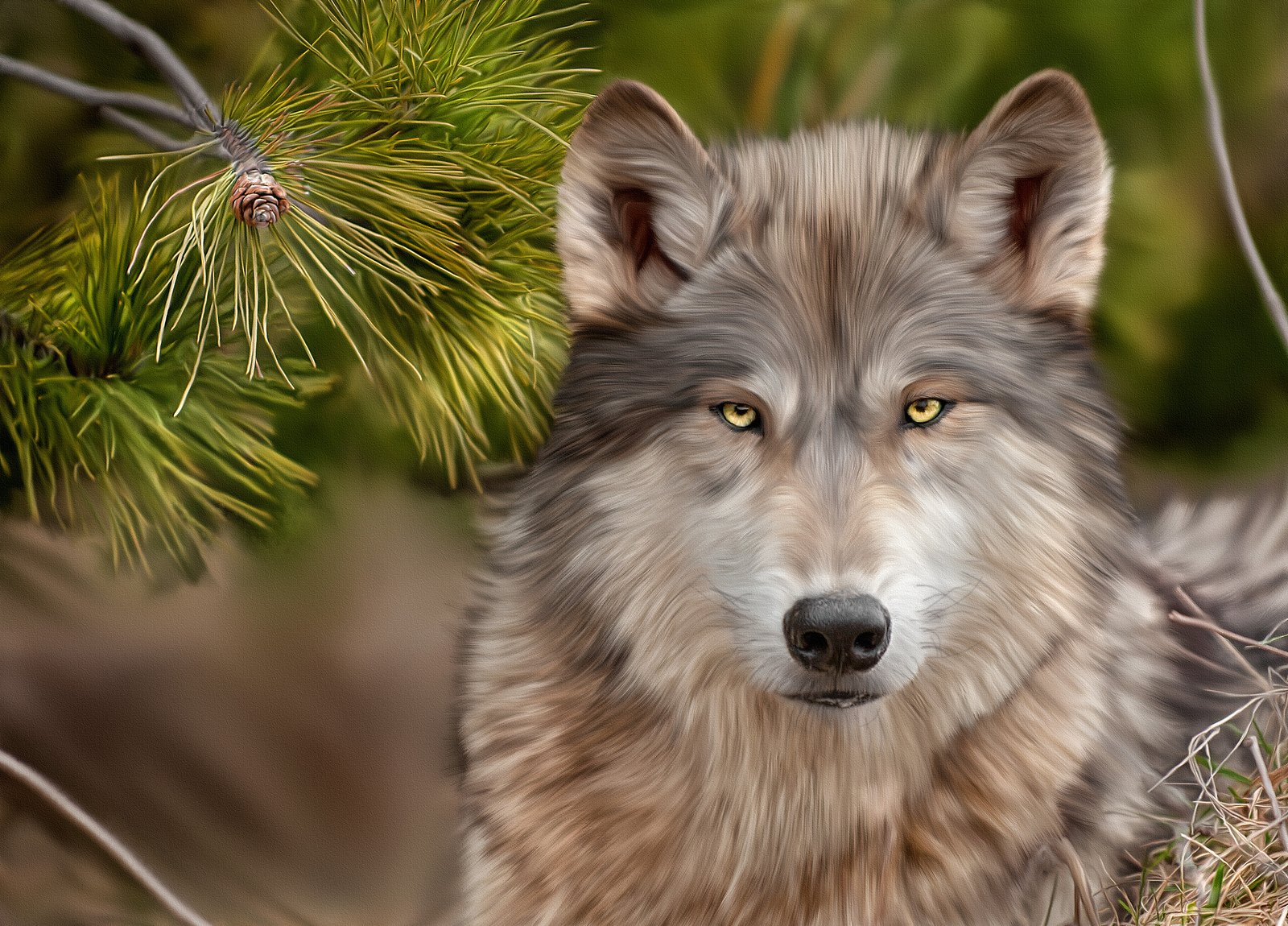Oil painting of a detailed wolf with golden eyes, set against a natural pine background, designed as an HD PC desktop wallpaper and background.