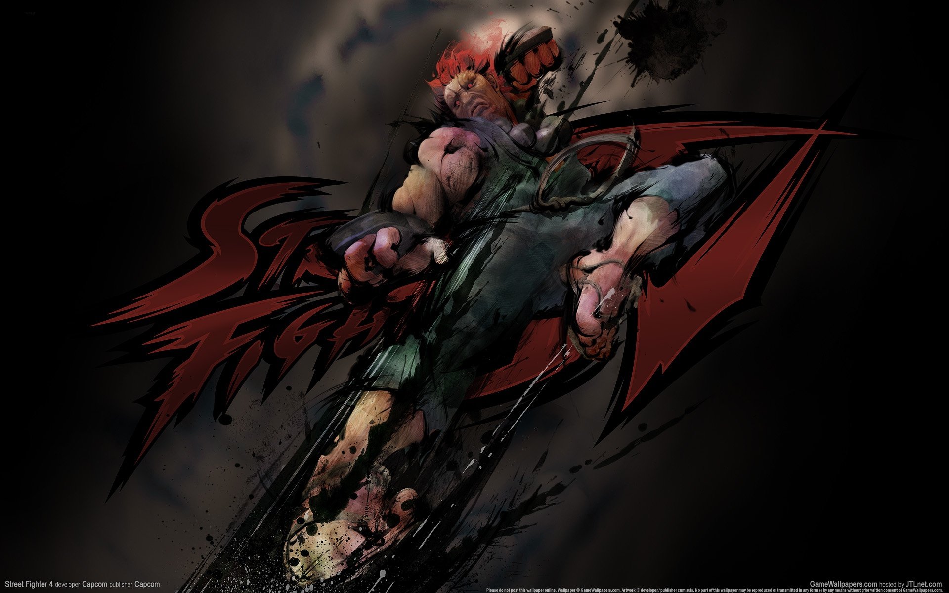 HD PC desktop wallpaper featuring a dynamic Street Fighter character in mid-attack with the game's logo in the background.