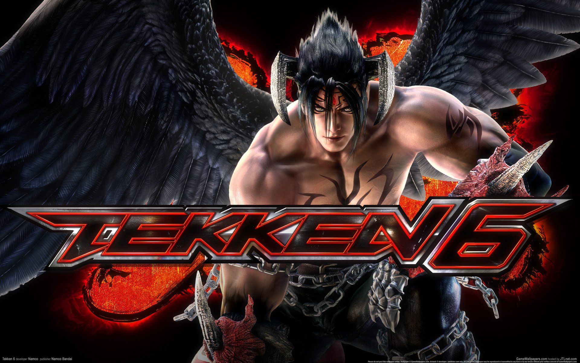 HD PC desktop wallpaper featuring a dark-winged character from the video game Tekken 6 with dramatic red and black tones highlighting the logo.