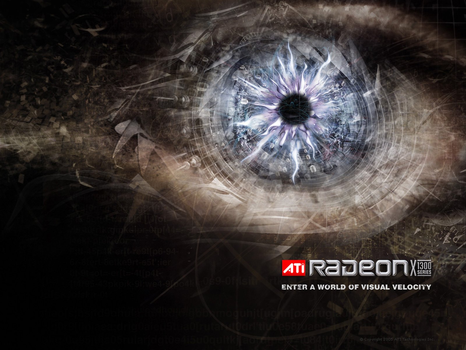 HD PC desktop wallpaper featuring a detailed, abstract eye design symbolizing technology, branded with ATI Radeon X300 for a futuristic visual experience.