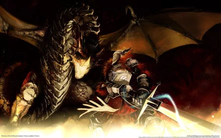 HD PC desktop wallpaper from the fantasy life game Mabinogi, featuring a warrior in armor facing a fierce dragon in an intense battle scene.
