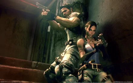 Two characters from Resident Evil 5 stand in a dimly lit environment, poised for action with firearms drawn, showcasing the tension and thrill of the video game. HD desktop wallpaper.