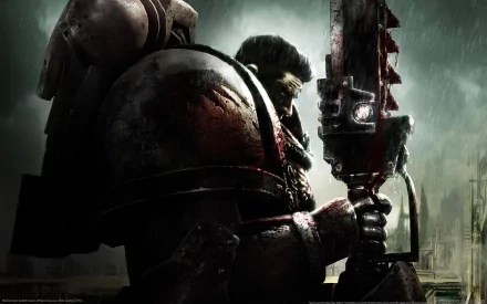 HD PC desktop wallpaper featuring a heavily armored warrior from the video game Dawn of War, holding a large weapon against a dark, stormy background.