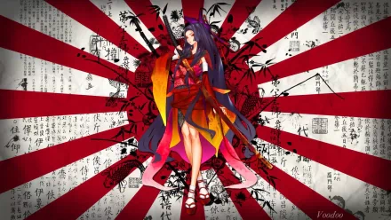 HD anime desktop wallpaper featuring an original character in a red and black kimono, set against a background of red rays, Japanese calligraphy, and bamboo silhouettes.