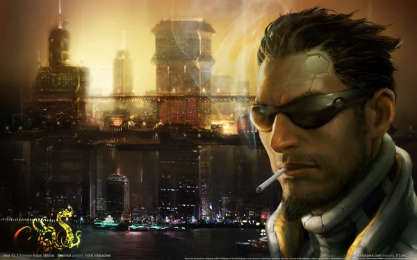 HD PC desktop wallpaper featuring a character from the video game Deus Ex: Human Revolution against a futuristic cityscape at dusk.