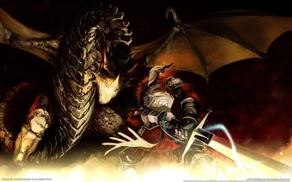 HD PC desktop wallpaper from the fantasy life game Mabinogi, featuring a warrior in armor facing a fierce dragon in an intense battle scene.