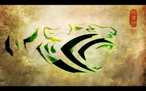 HD PC desktop wallpaper featuring a stylized Nvidia logo with a roaring lion design in green and black, blending technology and artistic elements.
