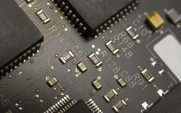 Close-up of a dark printed circuit board with chips and solder pads — technology, circuit; 2K Quad HD PC desktop wallpaper and background.
