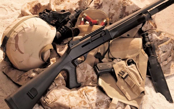 HD desktop wallpaper featuring a man-made shotgun placed on military gear including a helmet, tactical gloves, and a combat uniform.