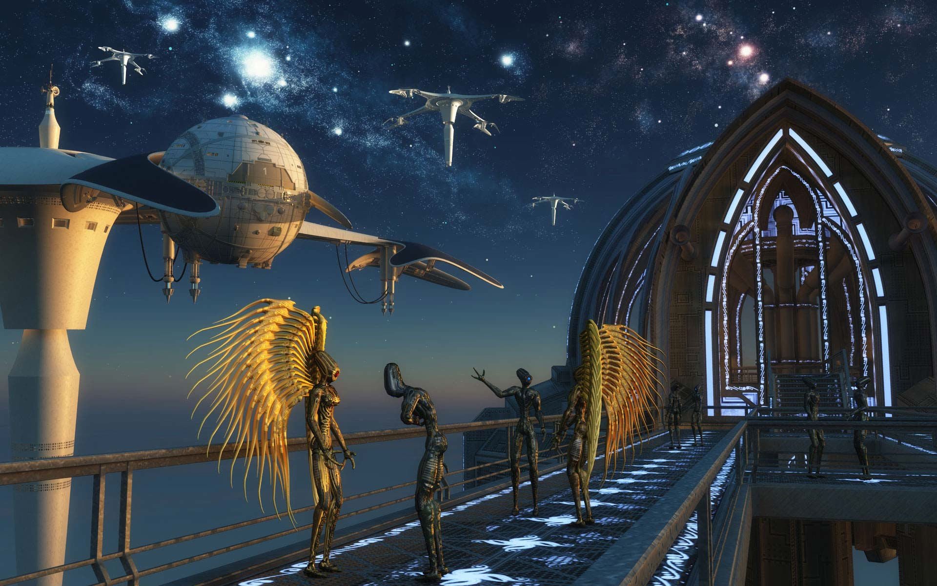 HD sci-fi desktop wallpaper featuring futuristic humanoid figures with golden wings on a metallic platform, with spacecraft and stars in the cosmic background.