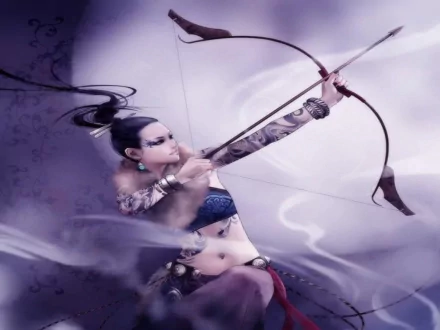 A fantasy-style oriental archer with tattoos aims a bow and arrow, set against a misty, ethereal background in this HD PC desktop wallpaper.