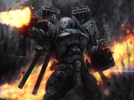 HD desktop wallpaper featuring Jim Raynor, a sci-fi warrior, in futuristic armor amidst flames and battle, firing a large weapon.