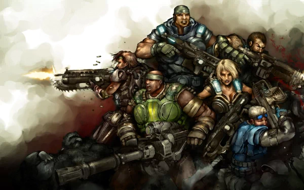 HD PC desktop wallpaper featuring intense characters from the video game Gears of War 3, poised for battle with heavy weaponry and dynamic poses.