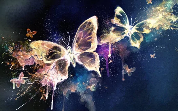 A vibrant watercolor painting of butterflies in flight against a dark, cosmic background, designed as an artistic HD PC desktop wallpaper.