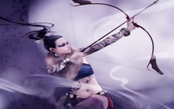 A fantasy-style oriental archer with tattoos aims a bow and arrow, set against a misty, ethereal background in this HD PC desktop wallpaper.