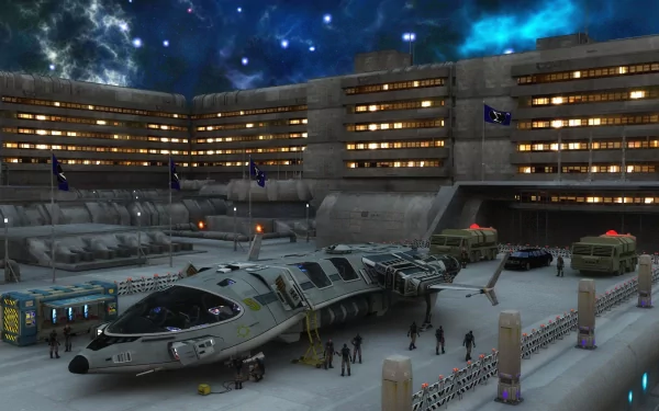 Sci-Fi spaceport at night: HD PC desktop wallpaper of a docked futuristic shuttle, ground crew and vehicles beside a lit, curved terminal beneath a starry nebula sky.