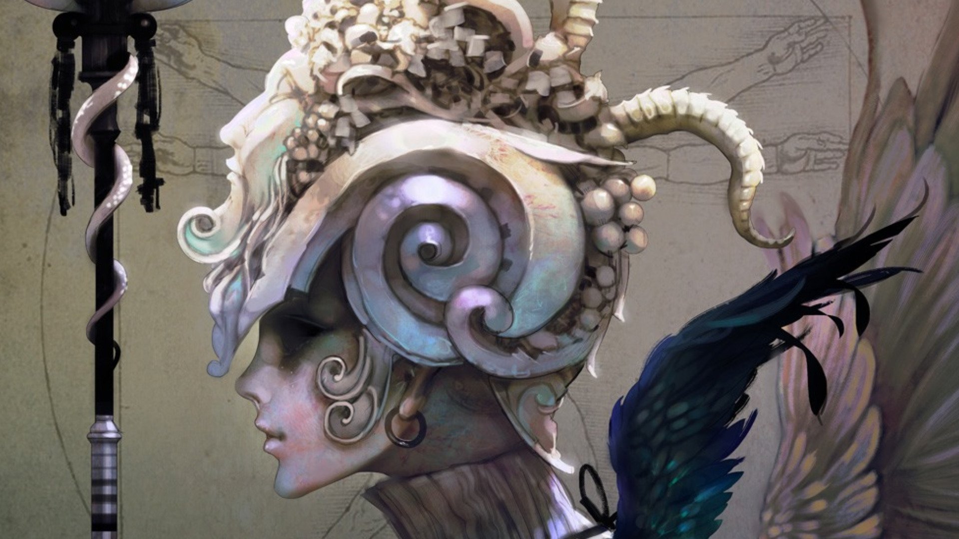 Fantasy-themed HD PC desktop wallpaper featuring a woman with an intricate, horned headdress and dark wings against a muted background.