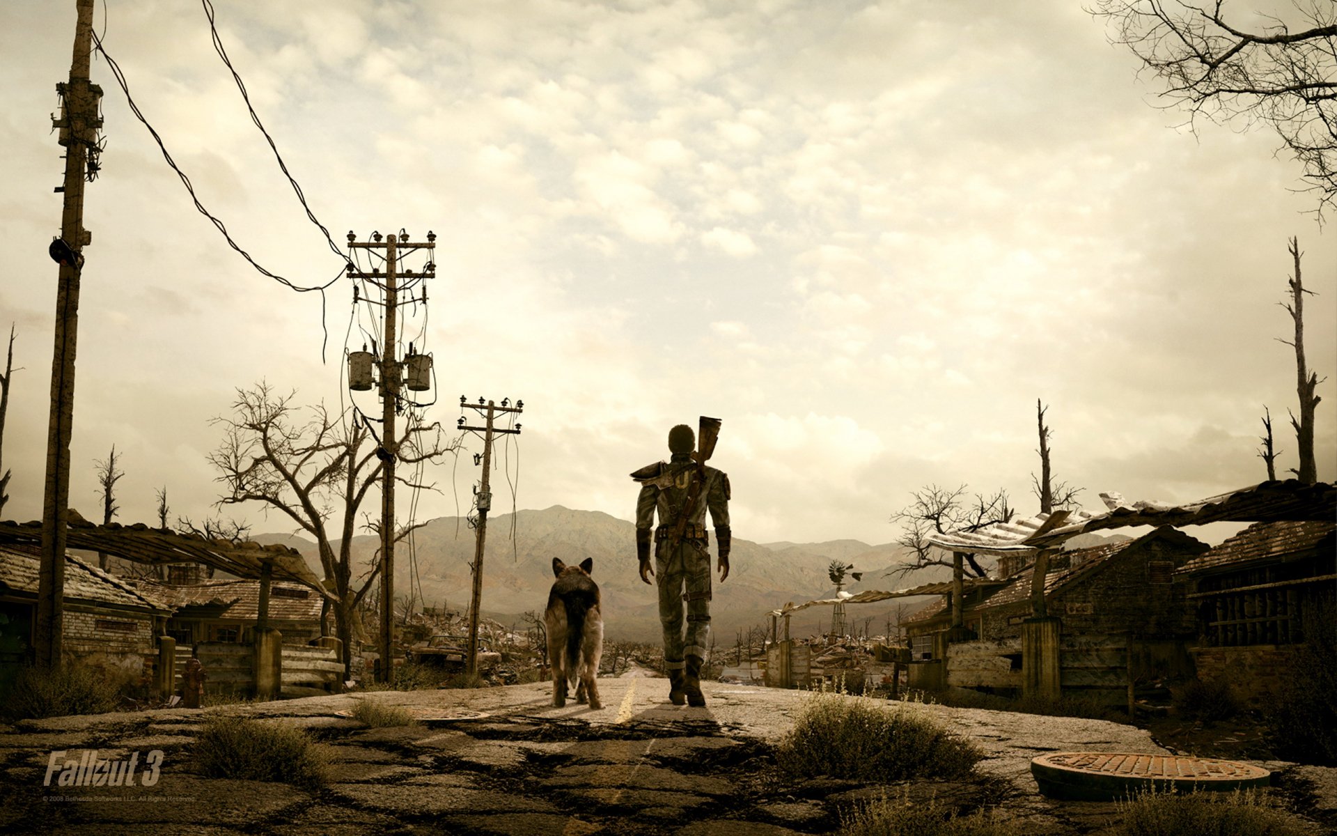 HD desktop wallpaper of the Fallout video game featuring a lone character and a dog walking through a desolate, post-apocalyptic landscape.