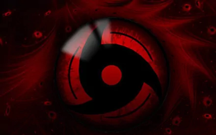 HD desktop wallpaper featuring the Mangekyō Sharingan from the anime Naruto, showcasing its iconic red and black design against a dark, swirling background.