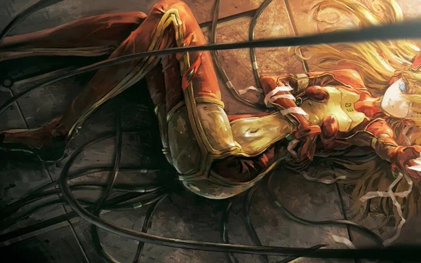 Asuka Langley Sohryu from Evangelion: 2.0 You Can (Not) Advance is depicted in this HD wallpaper, surrounded by intricate cables and set against a dramatic backdrop.