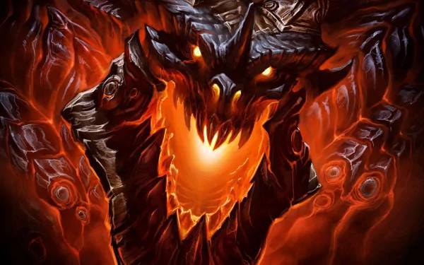 HD PC desktop wallpaper featuring the fiery dragon Deathwing from the video game World of Warcraft: Cataclysm, showcasing intense flames and dark, molten textures.