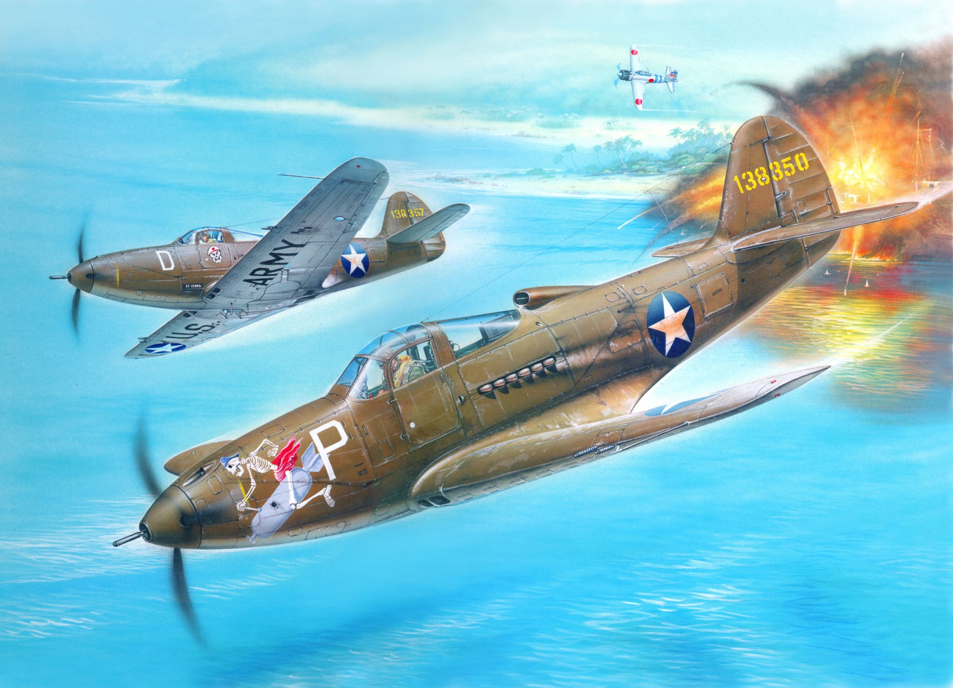 4K Ultra HD desktop wallpaper showing two WWII military aircraft engaged in aerial combat above the clouds, with one plane trailing smoke and fire.