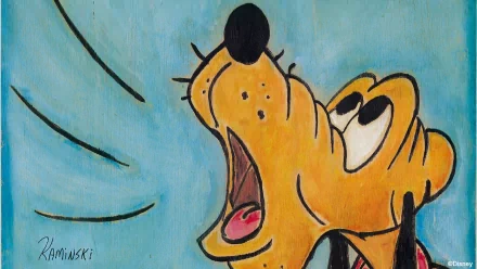 HD PC desktop wallpaper featuring a close-up of Disney’s Pluto with a bright blue background, showcasing his expressive face against a simple backdrop.