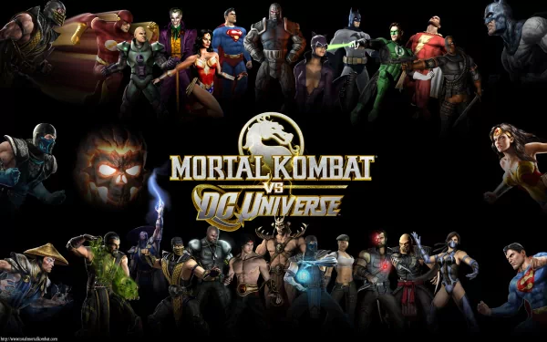 HD wallpaper featuring characters from Mortal Kombat vs. DC Universe, showcasing iconic fighters and heroes in a dynamic, action-packed design.