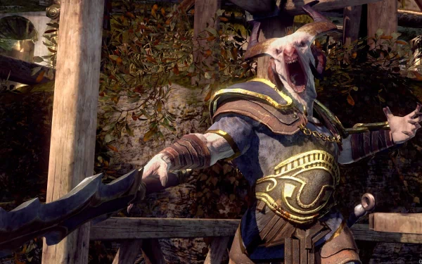 HD PC desktop wallpaper from the video game God of War: Ascension — a snarling, armored warrior wearing a beast-head helmet, brandishing a curved blade amid wooden ruins.