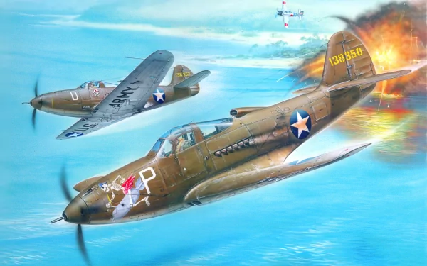 4K Ultra HD desktop wallpaper showing two WWII military aircraft engaged in aerial combat above the clouds, with one plane trailing smoke and fire.